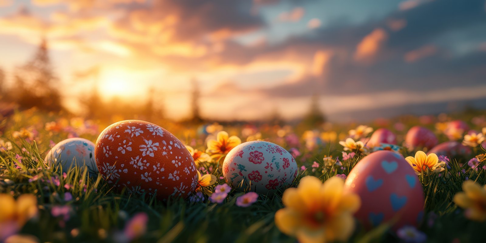 Colorful decorated eggs placed in a field of flowers during a vibrant sunset in springtime